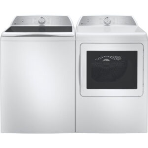 5.0 CuFt Smart Top Load Washer with 7.4 CuFt Smart Steam Sanitize Front Load Gas Dryer in White