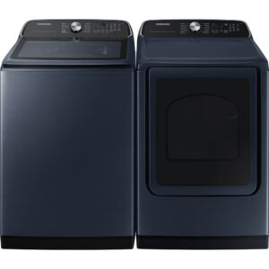 5.4 CuFt Smart Steam Front Load Washer with 7.4 CuFt Smart Electric Dryer in Brushed Navy